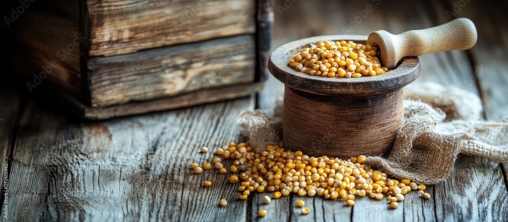 Fototapete wooden grain mill with corn kernels and scoop on rustic table for text placement and culinary themes