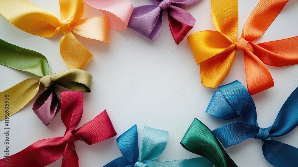 Poster Colorful satin ribbons arranged in a circular pattern on a soft light background for vibrant decorative and crafting concepts