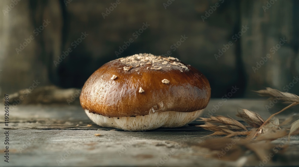 Poster boletus edulis mushroom on rustic wooden background with dried leaves showcasing natural textures an
