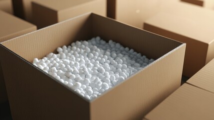 Delivery box with foam packing materials and contents ready for unpacking in a warehouse environment showing organized logistics and shipping.