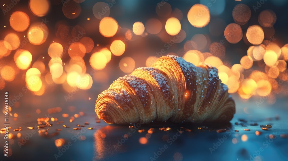 Poster Bokeh background with a delicious croissant showcasing warmth and texture in a cozy setting