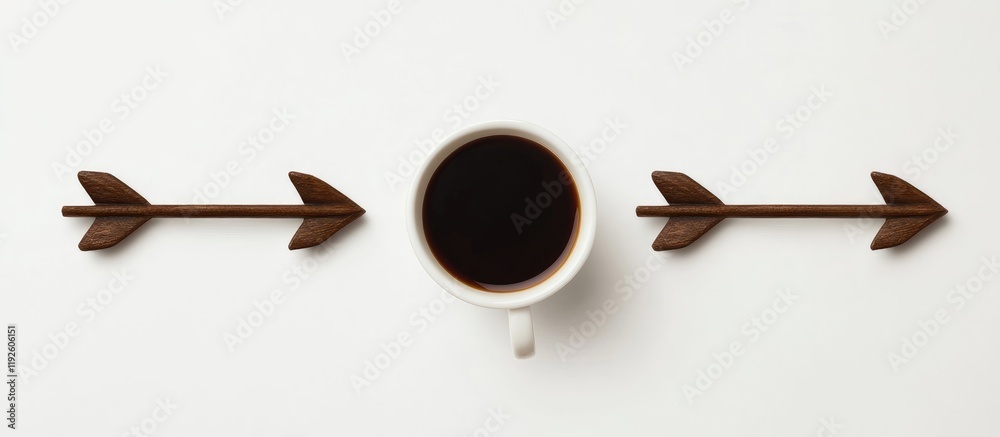 Aufkleber Black Coffee Cup Surrounded by Arrows on Clean White Background with Empty Space for Text and Creative Design Applications