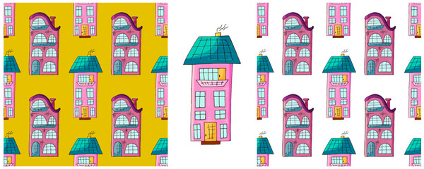 Obraz premium Houses. Set city seamless patterns. Pattern in hand draw style