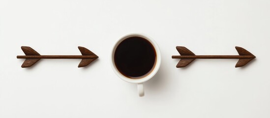 Black Coffee Cup Surrounded by Arrows on Clean White Background with Empty Space for Text and Creative Design Applications