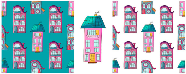 Houses. Set city seamless patterns. Pattern in hand draw style