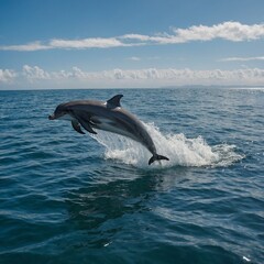 Fototapeta premium Dolphins leaping out of the ocean with the horizon in view.