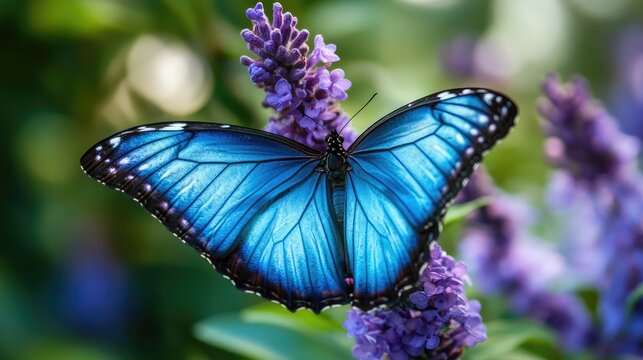 Vibrant blue butterfly perched on a striking purple flower in a lush garden setting showcasing nature's beauty and delicate ecosystems. - Powered by Adobe