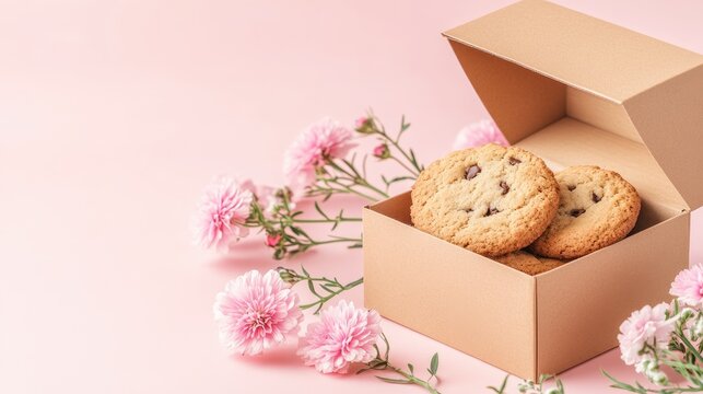 Gift box mockup featuring cookies and pink flowers with personalized stationery for care packages and special occasions
