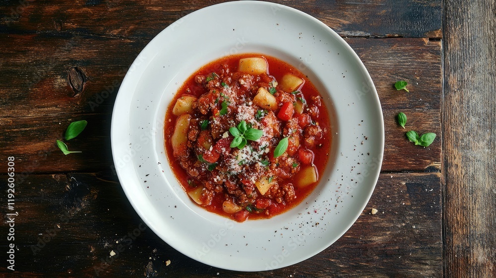 Poster bolognese with tomato sauce served in a white plate on rustic wooden table captured in soft light fr