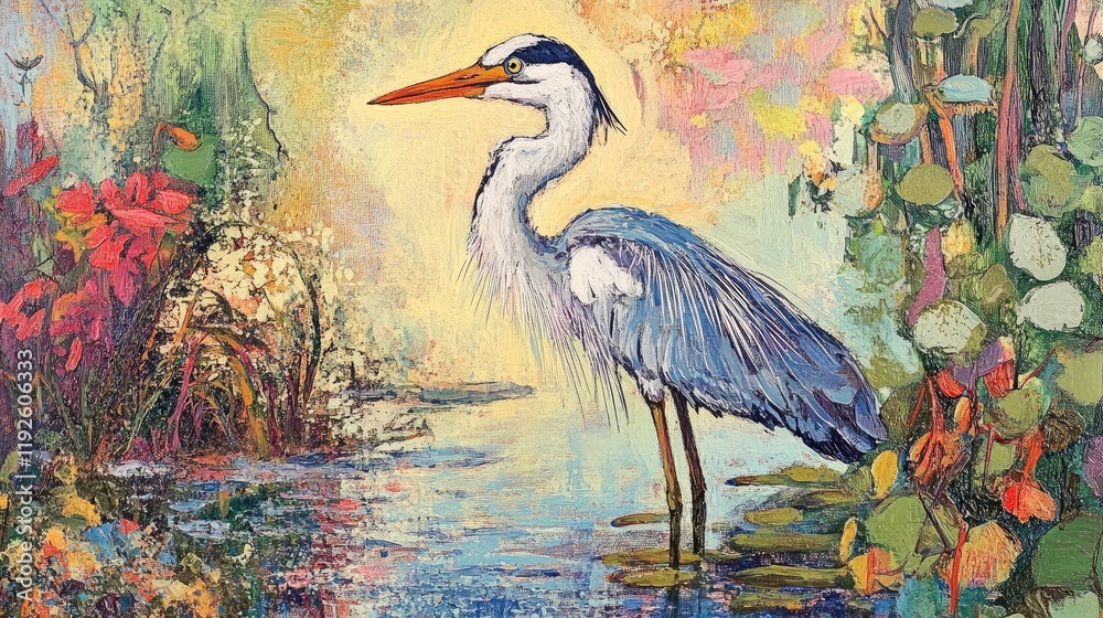 Poster cocoi heron in a tranquil pond surrounded by vibrant flora and soft pastel colors creating a serene 