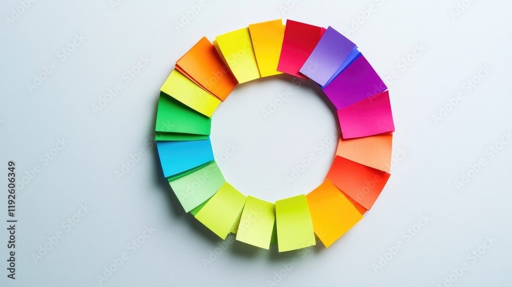 Poster colorful circle of sticky notes on a light background representing brainstorming creative planning a