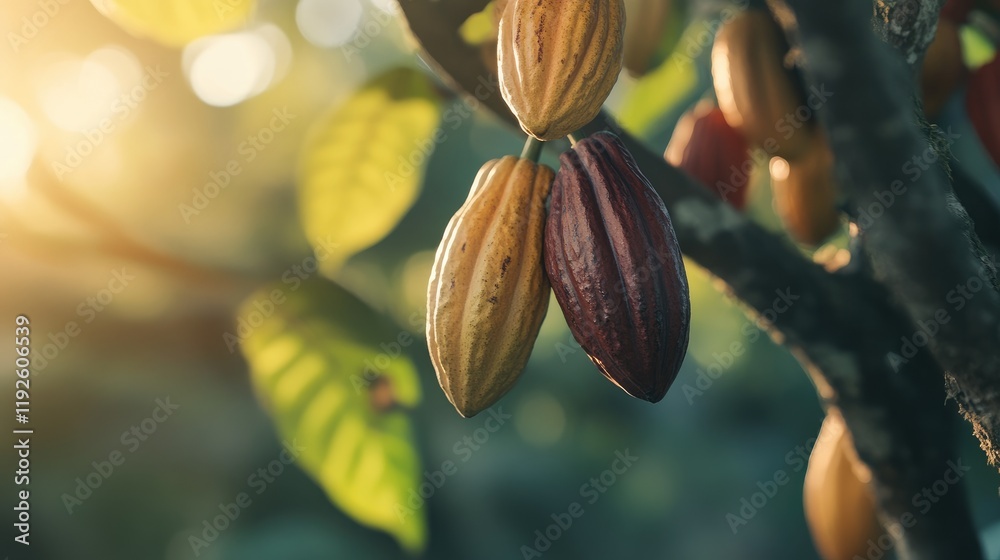 Poster Cocoa pods hanging on a tree with sunlight filtering through leaves in a natural cocoa plantation setting