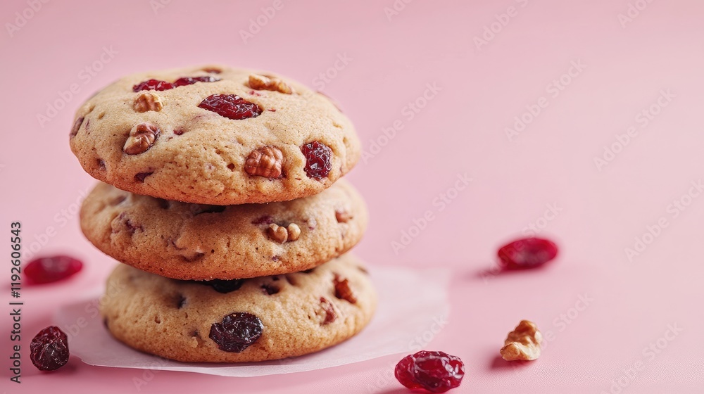 Aufkleber Delicious cookies with dried cranberries and nuts stacked on baking paper against a pink background with selective focus and copy space