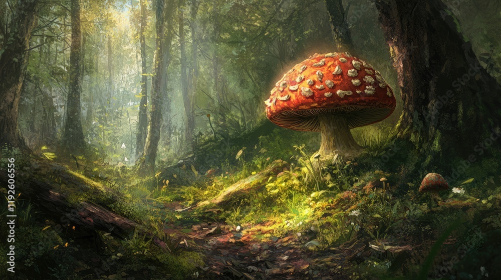 Aufkleber majestic boletus edulis mushroom thriving in a lush forest environment with sunlight filtering throu