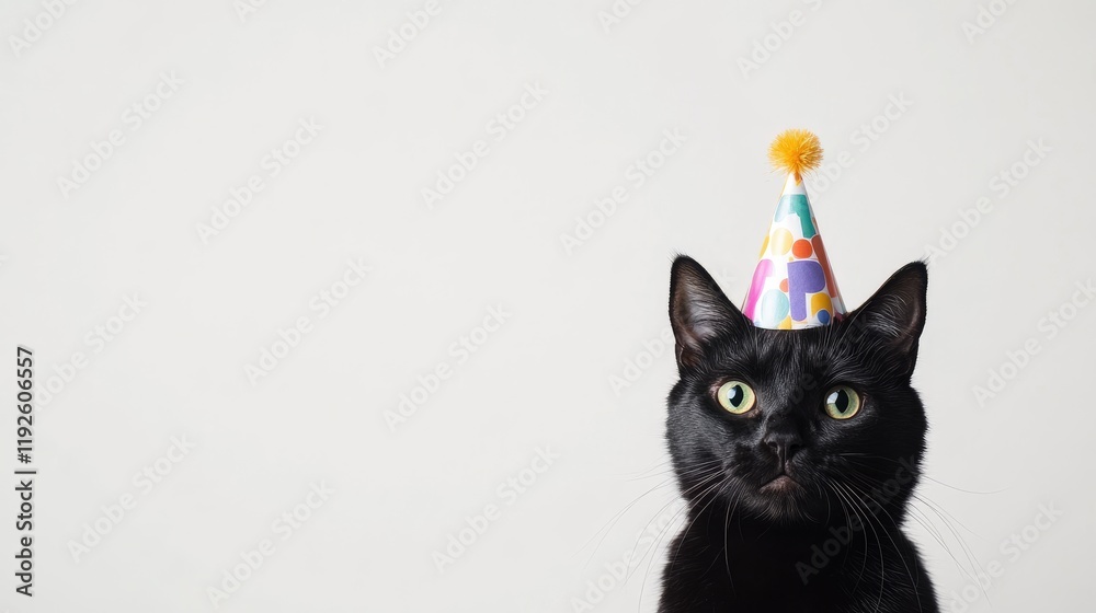 Poster black cat in colorful birthday hat against light background with ample copyspace for celebration-the