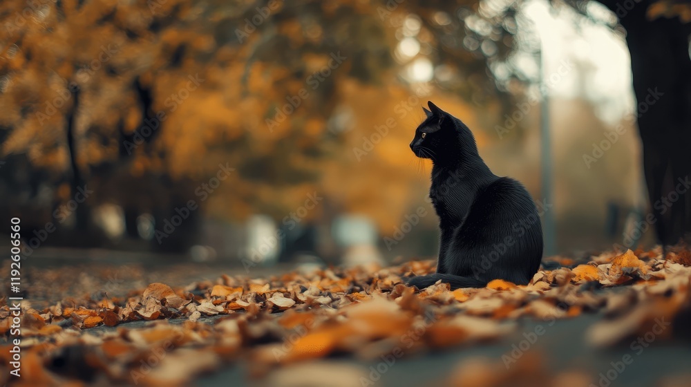 Poster black cat sitting elegantly on autumn leaves in a serene outdoor setting with soft natural light and