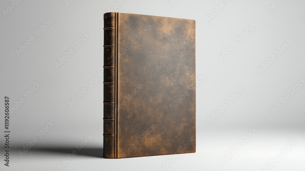 Poster antique blank book with textured cover standing upright on minimalistic white background for creativ