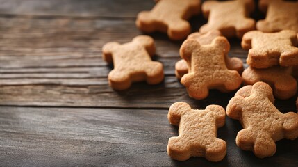 Fototapeta premium Bone shaped dog treats arranged on rustic dark wooden surface ideal for pet food product advertisements or dog-related content.