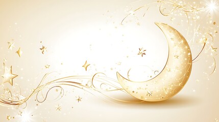 Golden Crescent Moon Stars And Swirling Design