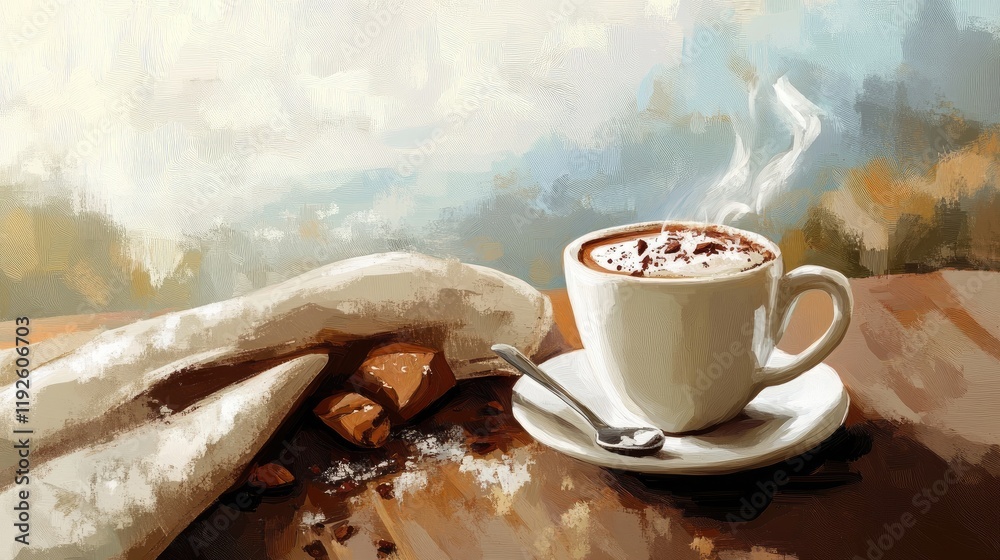 Poster cozy hot cocoa with steam on a wooden table paired with pastries and a spoon in a serene morning set