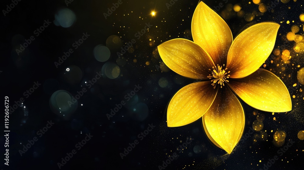 Poster Stunning yellow flower on dark abstract background with sparkles and space for text copy ideal for presentations or nature-themed designs
