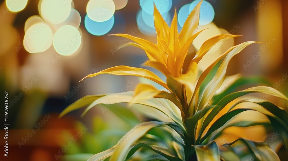 Poster Bokeh effect of a vibrant yellow flower surrounded by soft blurred lights in a serene natural setting