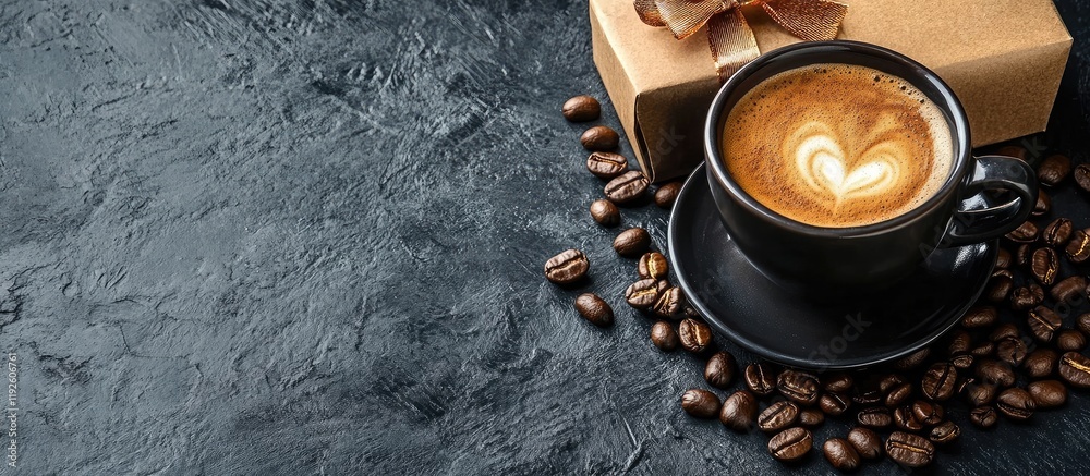 Aufkleber black coffee cup with heart latte art next to gift box and coffee beans on dark surface with spaciou