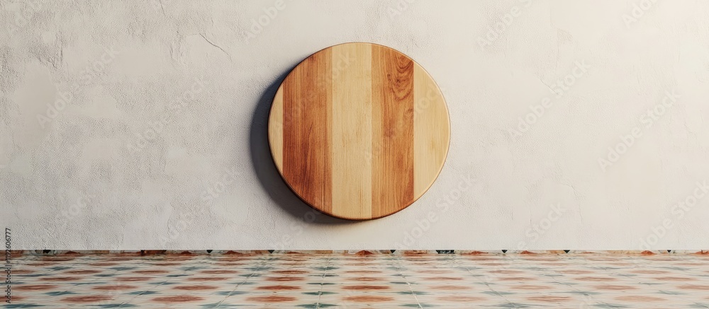 Poster Wooden circular sign hovering above a colorful tiled floor against a textured wall with ample empty space for custom text or branding.