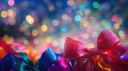 Vibrant Ribbons and Bows Set Against a Magical Glittering Bokeh Background for Celebratory Themes