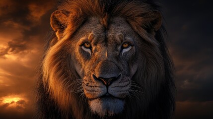 Naklejka premium Majestic lion portrait with intense expression showcasing fierce beauty against a dramatic sunset background.