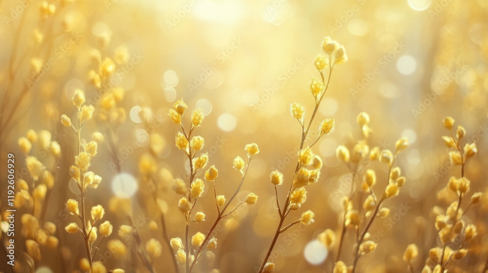 Poster soft golden blossoms with blurred bokeh background creating a warm, serene atmosphere perfect for sp
