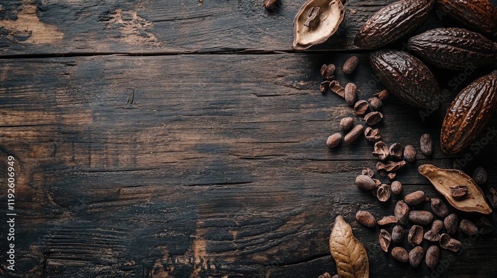 Poster Cocoa beans and cocoa pod arranged on rustic wooden surface showcasing natural textures and earthy tones