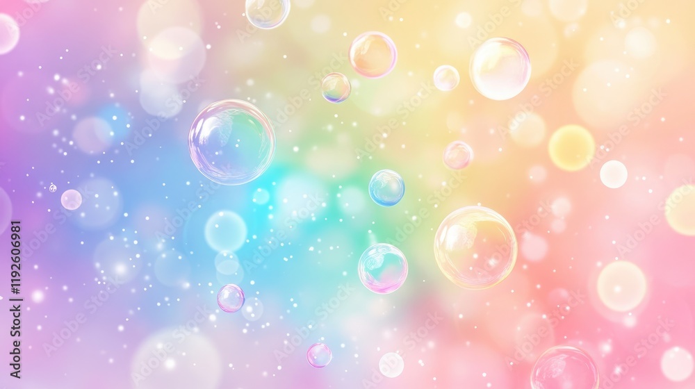 Fototapete Vibrant Rainbow Bubbles Floating on a Soft Colorful Background with a Dreamy Atmosphere and Sparkling Light Effects