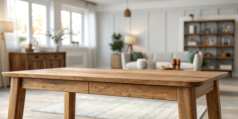 A Beautifully Empty Wooden Table in a Living Room, Ready for Personal Touches
