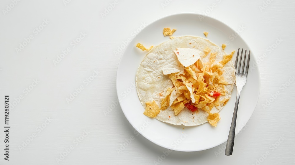 Poster crumpled plate and fork with traditional taco remnants on a minimalistic white background showcasing