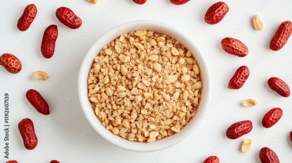 Poster crushed peanuts with masba coating in a bowl surrounded by red peanuts on a clean white background