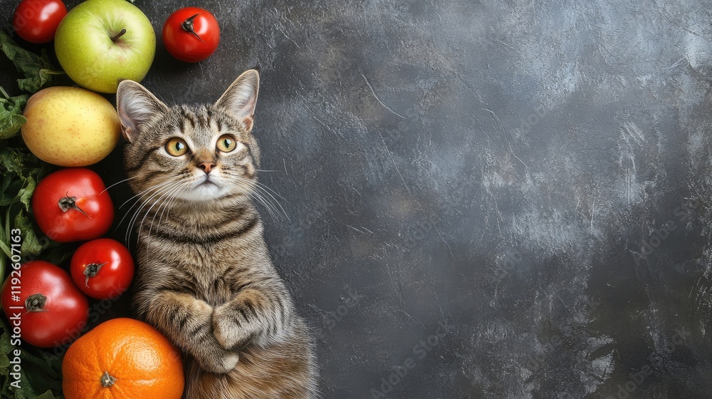 Poster banner with a cat surrounded by colorful fruits and vegetables on a textured surface ideal for text 