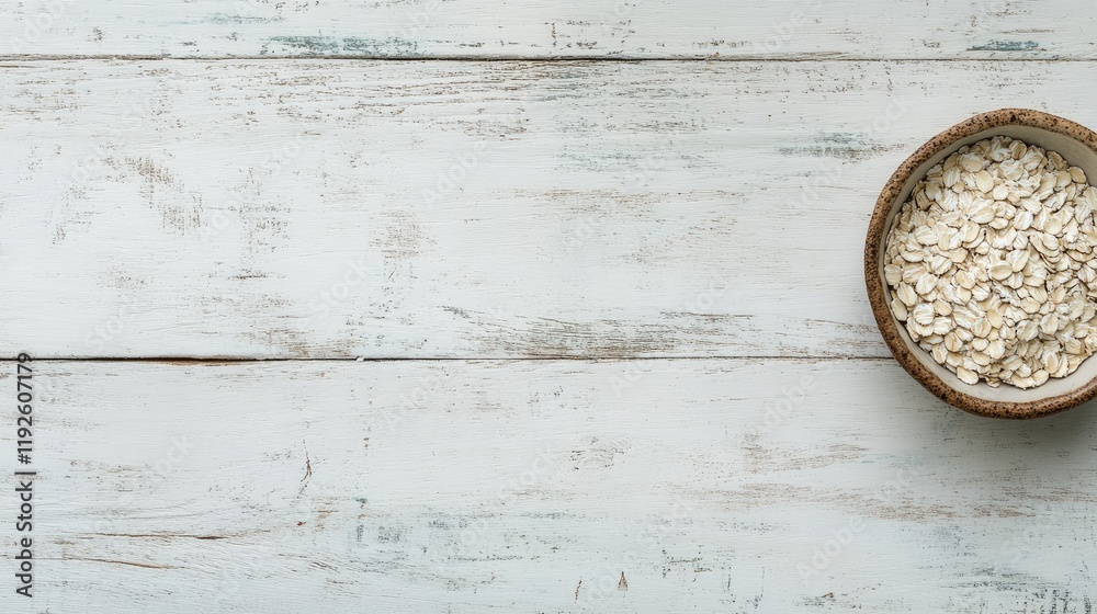 Aufkleber bowl of raw rolled oats on rustic white wooden table with empty space for healthy breakfast or recip