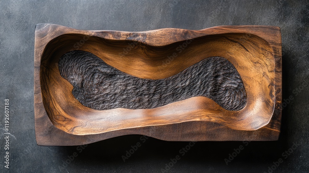 Poster handcrafted wooden dish featuring unique artisan carving with smooth curves and contrasting textures