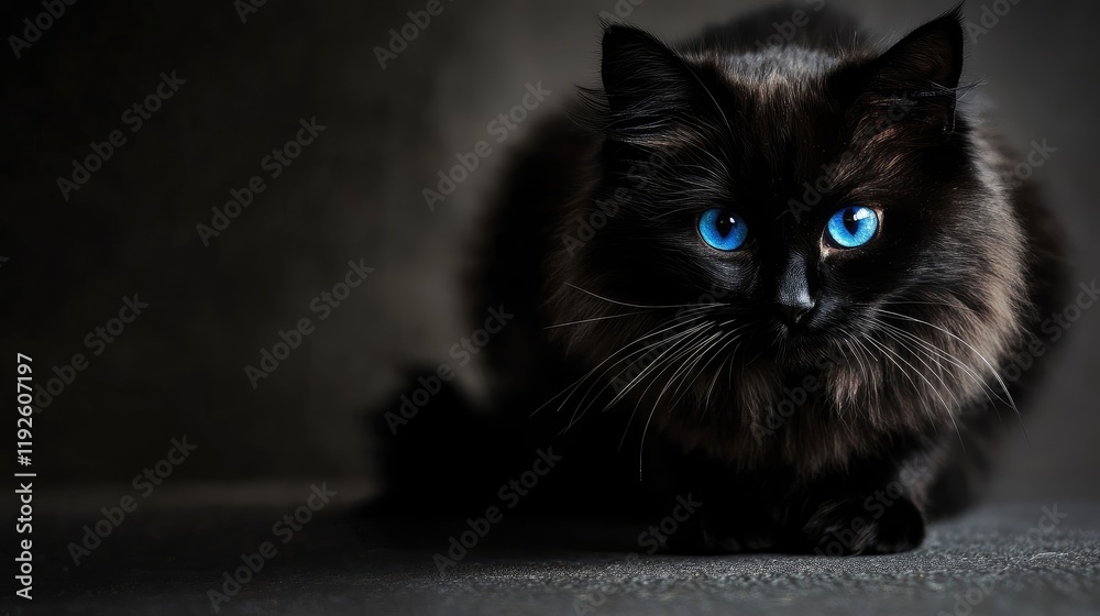 Poster Majestic black cat with striking blue eyes crouching elegantly against a dark background with ample copyspace for text and design elements