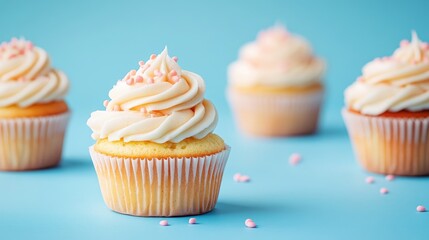 Delicious vanilla cupcakes with pink sprinkles ideal for promotional ads on a vibrant blue background with ample copy space