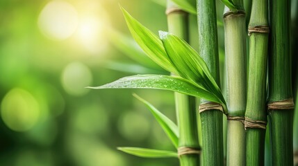 Fototapeta premium Fresh bamboo shoots in a lush tropical forest showcasing natural green foliage and sunlight filtering through the trees.