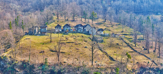 Panorama of Alpine hamlet on the mountain, Val Lavizzara, Vallemaggia, Switzerland