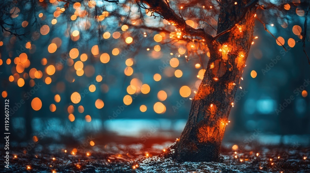 Aufkleber Magical bokeh effect created by warm lights illuminating a tree in a serene outdoor setting during twilight.
