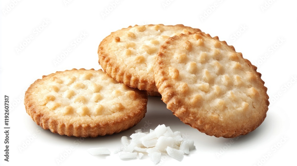 Poster coconut biscuits stacked on a white background with shredded coconut for a delightful snack or desse