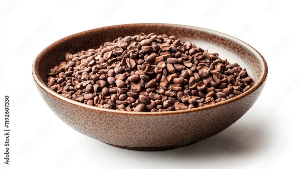 Poster cacao beans displayed in a rustic bowl showcasing their rich brown color and natural texture on a wh