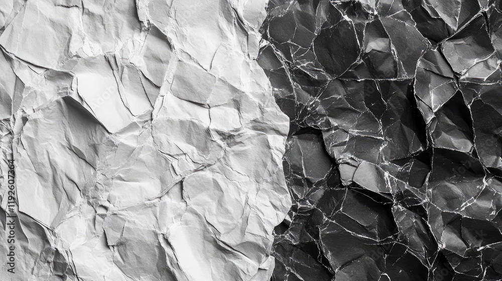 Poster Crumpled black and white textured paper background for creative design and artistic projects
