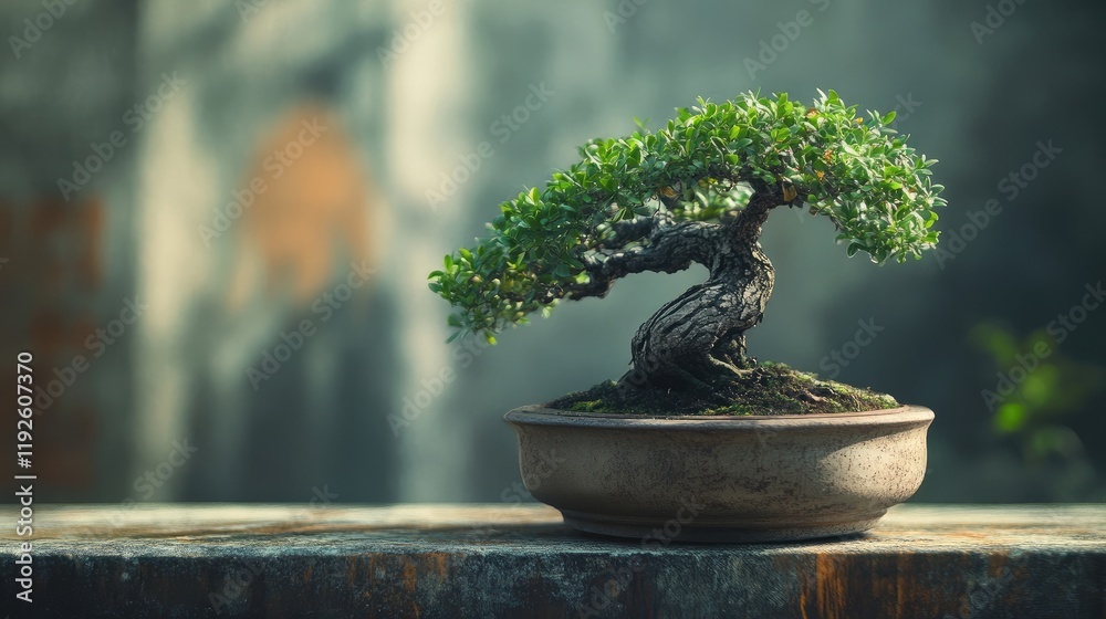 Poster Elegant bonsai tree with twisted trunk displayed in a rustic pot against a blurred backdrop showcasing nature's tranquility and artistry.