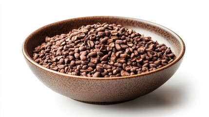 Cacao beans displayed in a rustic bowl showcasing their rich brown color and natural texture on a white background.