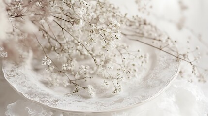 Delicate white flowers on an ornate lace plate